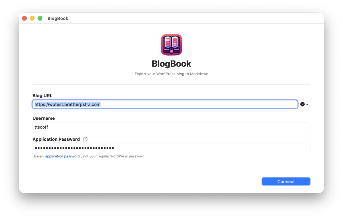 BlogBook credentials screen with Blog URL, Username, and Application password fields and Connect button