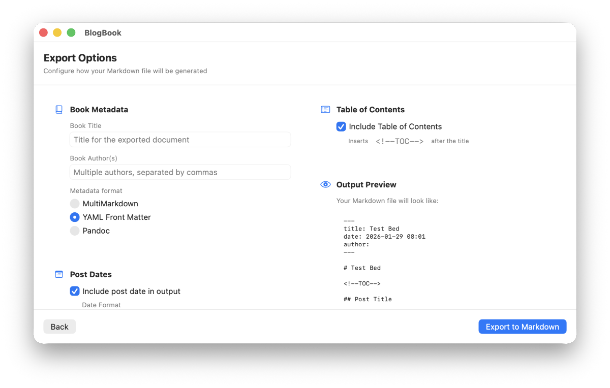 BlogBook Export Options screen with Book Metadata, Post Dates, and Content sections