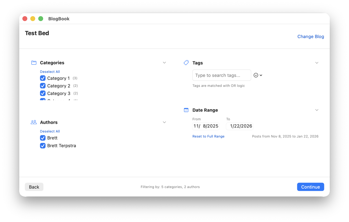 BlogBook filtering screen with Categories, Authors, Tags, and Date range sections